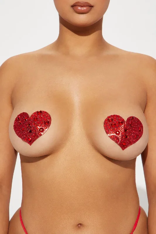 Amore Rhinestone Heart Nipple Cover Pasties - Red