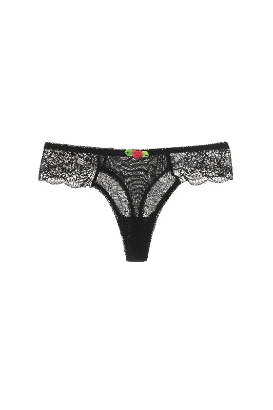 Black Mesh With Flower Front Lace Thong