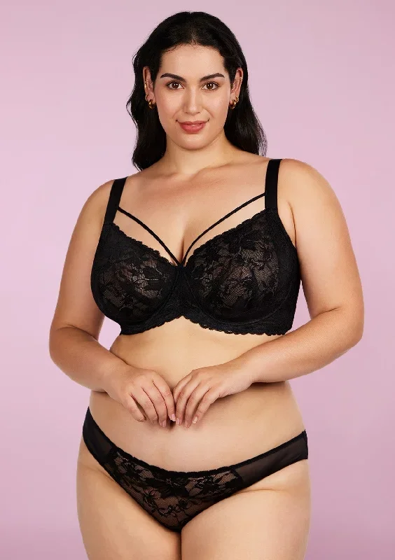 Pretty In Petals Black Unlined Strappy Lace Bra Set