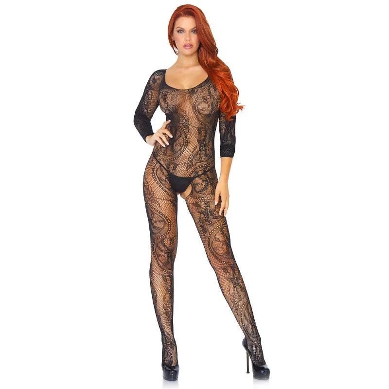 Swirl Lace Long Sleeve Bodystocking Black - Leg Avenue