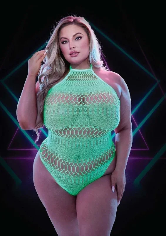 Turn it Off & Watch Me Glow! Curvy Size Glow Light Fishnet Teddy